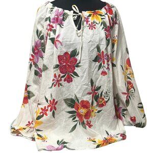 Old Navy Floral Peasant Blouse XXL Tie Neck Puff Sleeve Top